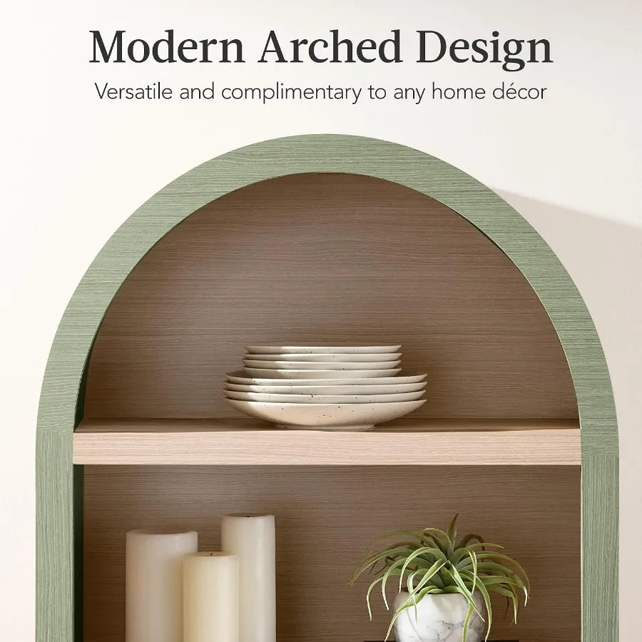 72" Tall Arched Pantry Cabinet w/Reeded Doors, 5-Tier Bookshelf, Armoire, Hutch, Bookcase, Storage Cabinet w/Adjustable Shelves
