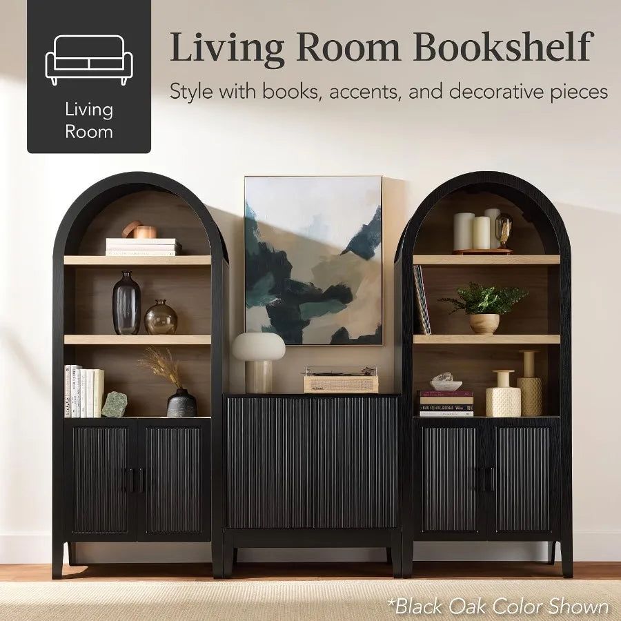 72" Tall Arched Pantry Cabinet w/Reeded Doors, 5-Tier Bookshelf, Armoire, Hutch, Bookcase, Storage Cabinet w/Adjustable Shelves