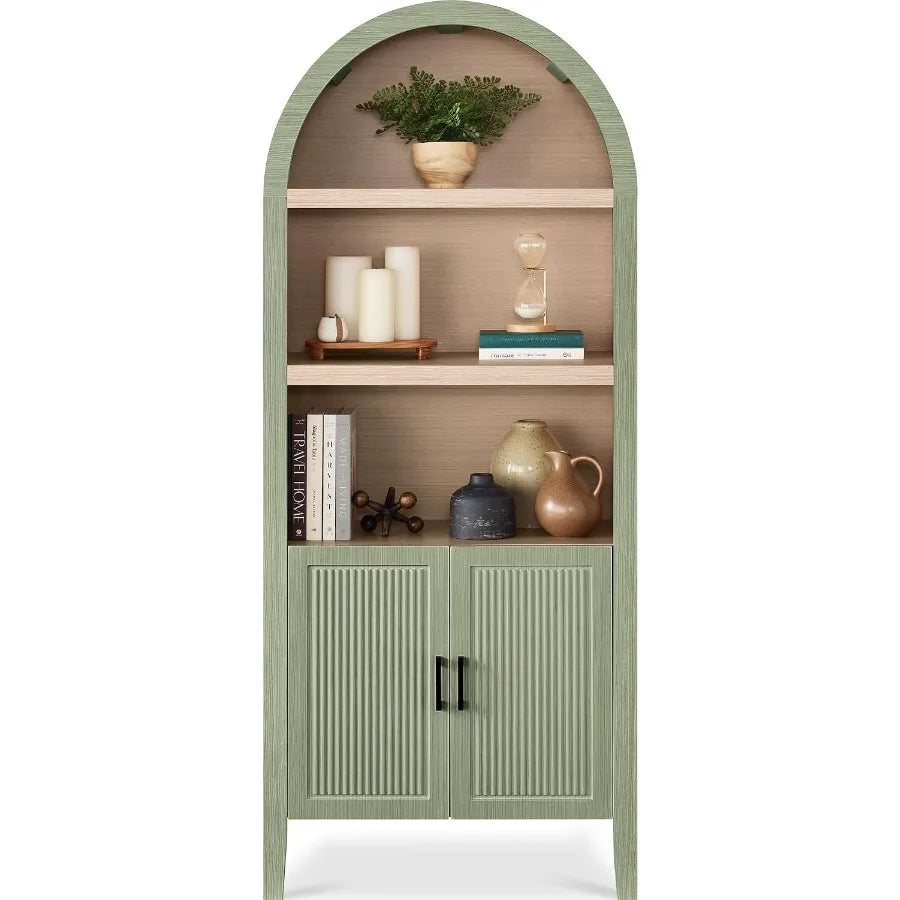 72" Tall Arched Pantry Cabinet w/Reeded Doors, 5-Tier Bookshelf, Armoire, Hutch, Bookcase, Storage Cabinet w/Adjustable Shelves